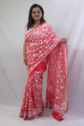 Exquisite Red Organza Saree with Embroidered Parsi Gara Floral and Bird Design - Luxurion World