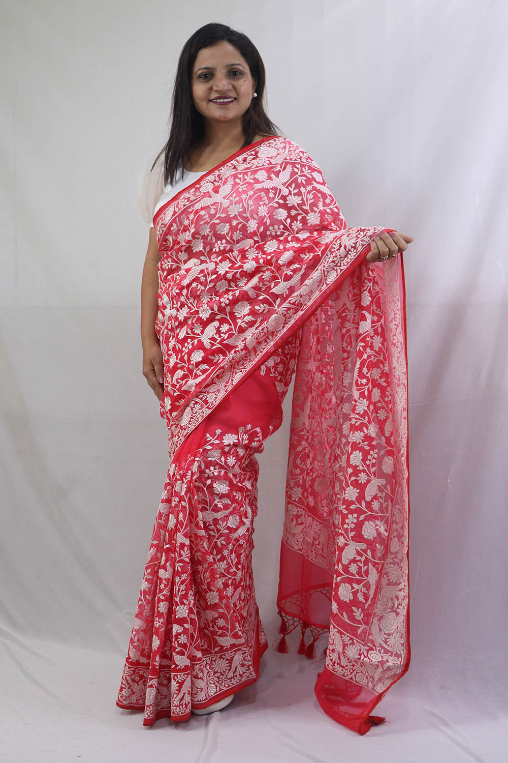 Exquisite Red Organza Saree with Embroidered Parsi Gara Floral and Bird Design - Luxurion World