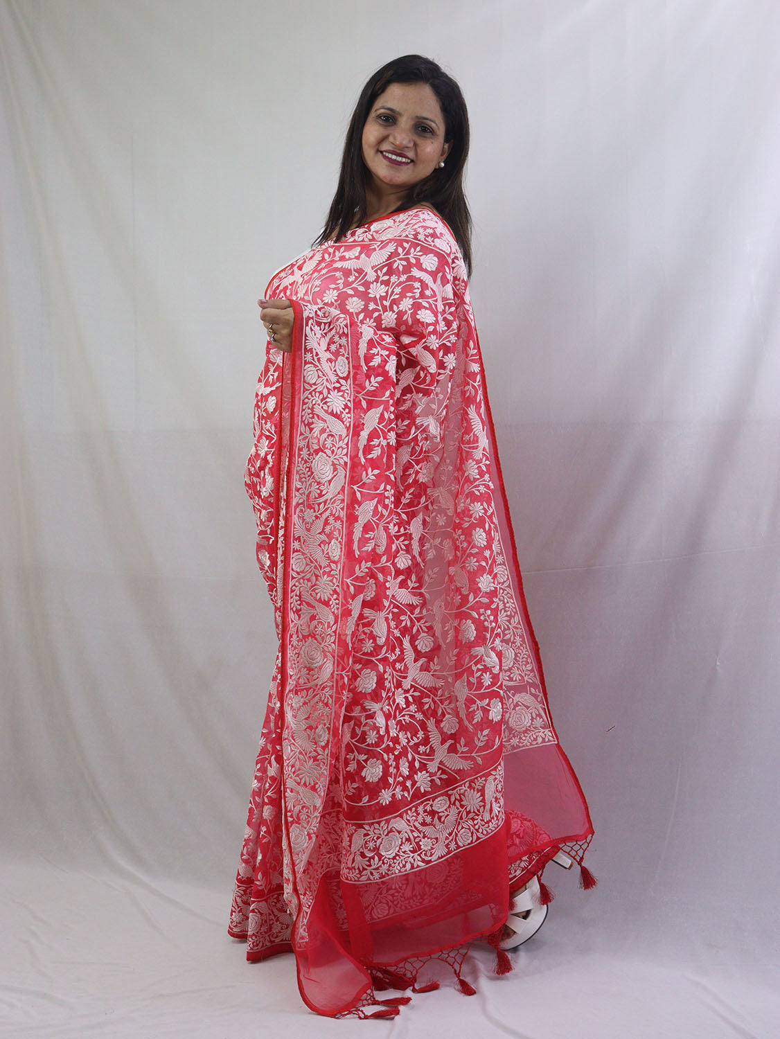 Exquisite Red Organza Saree with Embroidered Parsi Gara Floral and Bird Design - Luxurion World