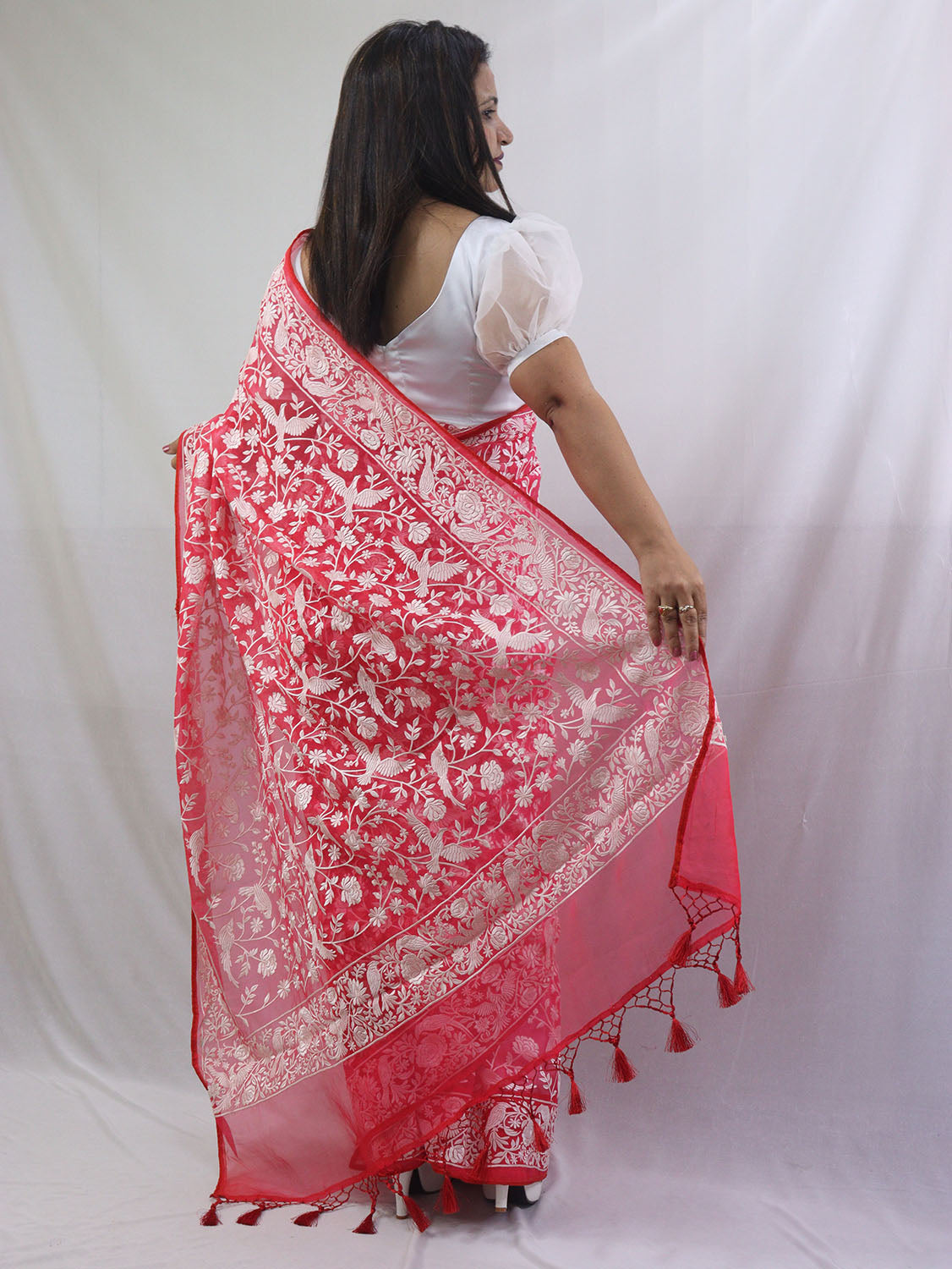 Exquisite Red Organza Saree with Embroidered Parsi Gara Floral and Bird Design - Luxurion World