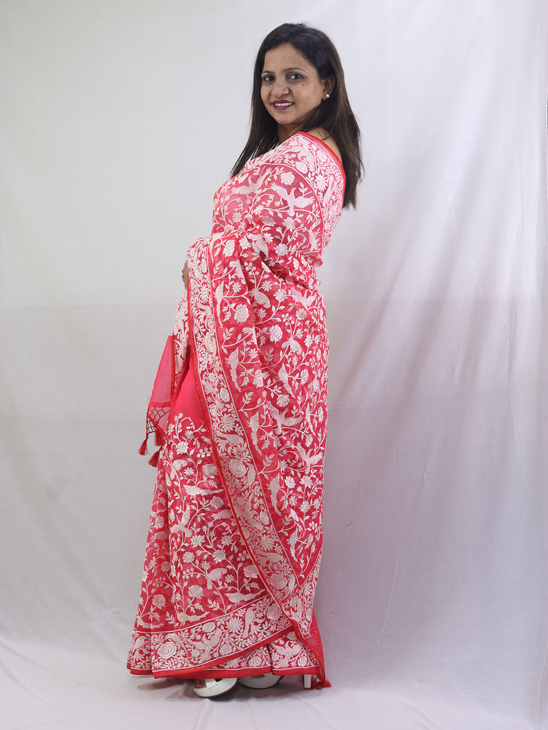 Exquisite Red Organza Saree with Embroidered Parsi Gara Floral and Bird Design - Luxurion World
