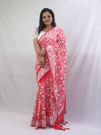 Exquisite Red Organza Saree with Embroidered Parsi Gara Floral and Bird Design - Luxurion World