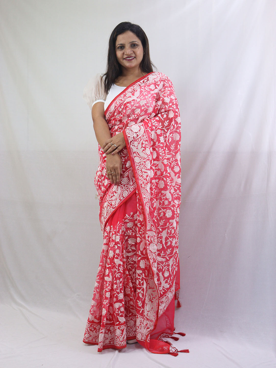 Exquisite Red Organza Saree with Embroidered Parsi Gara Floral and Bird Design - Luxurion World