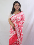 Exquisite Red Organza Saree with Embroidered Parsi Gara Floral and Bird Design - Luxurion World
