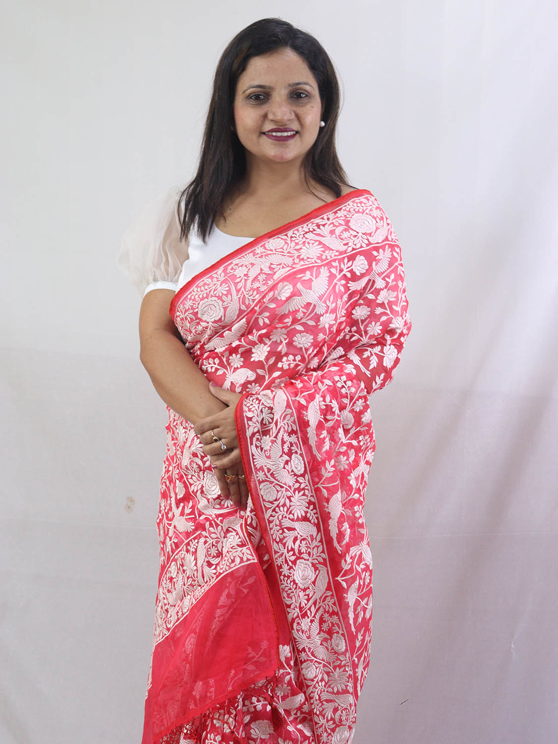 Exquisite Red Organza Saree with Embroidered Parsi Gara Floral and Bird Design - Luxurion World
