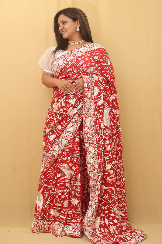 Red Hand Embroidered Parsi Gara Pure Georgette Bird Design Saree - Luxurion World