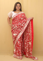 Red Hand Embroidered Parsi Gara Pure Georgette Bird Design Saree - Luxurion World