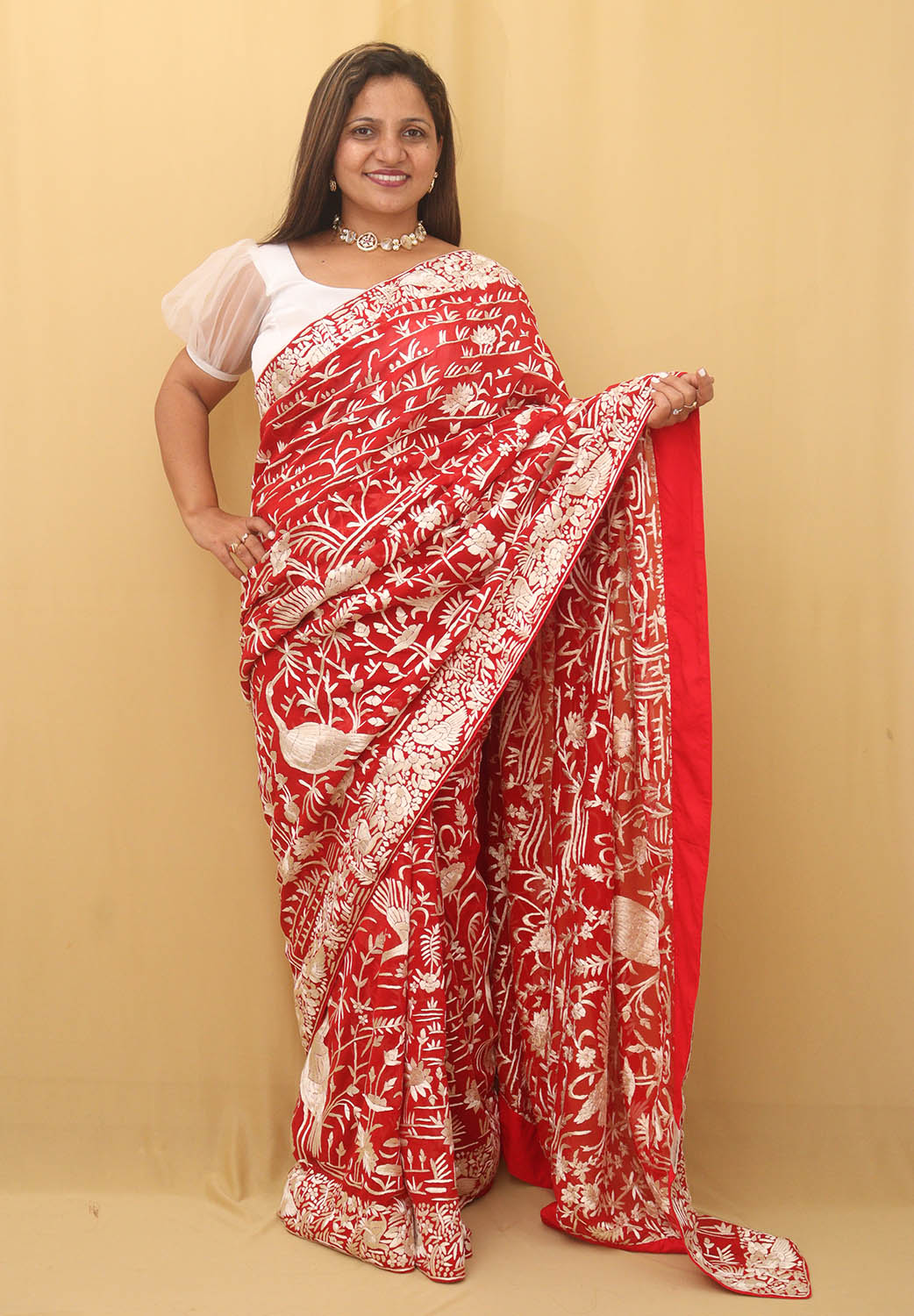Red Hand Embroidered Parsi Gara Pure Georgette Bird Design Saree - Luxurion World