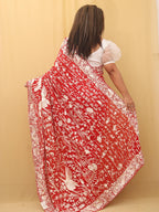 Red Hand Embroidered Parsi Gara Pure Georgette Bird Design Saree - Luxurion World