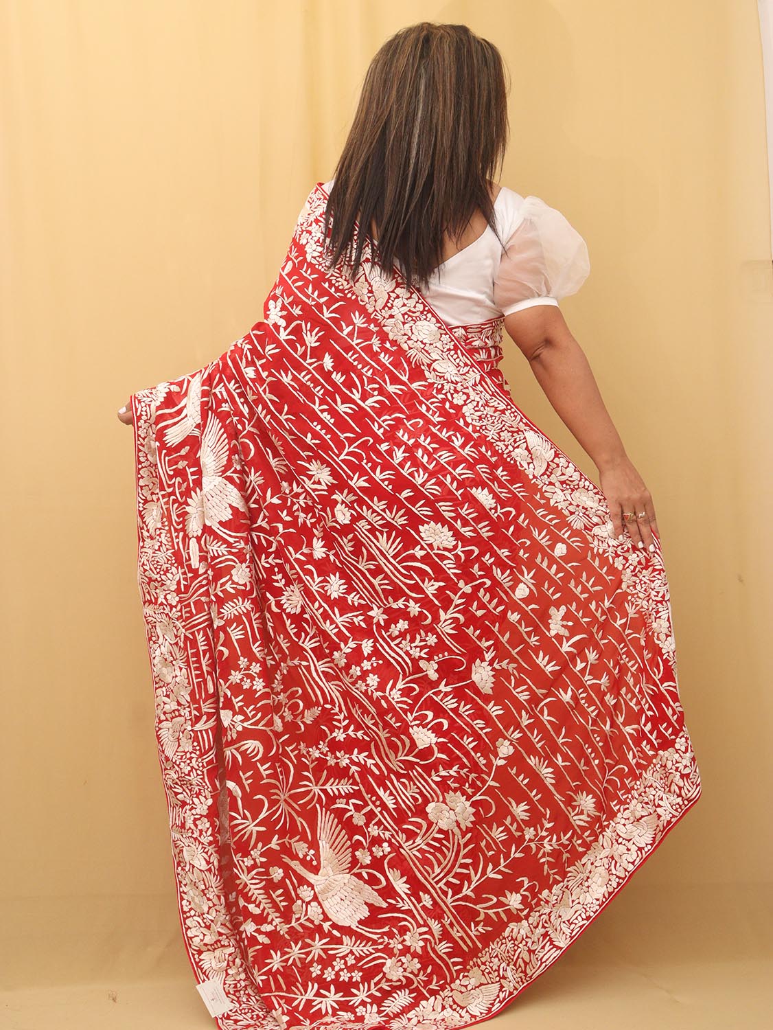 Red Hand Embroidered Parsi Gara Pure Georgette Bird Design Saree - Luxurion World