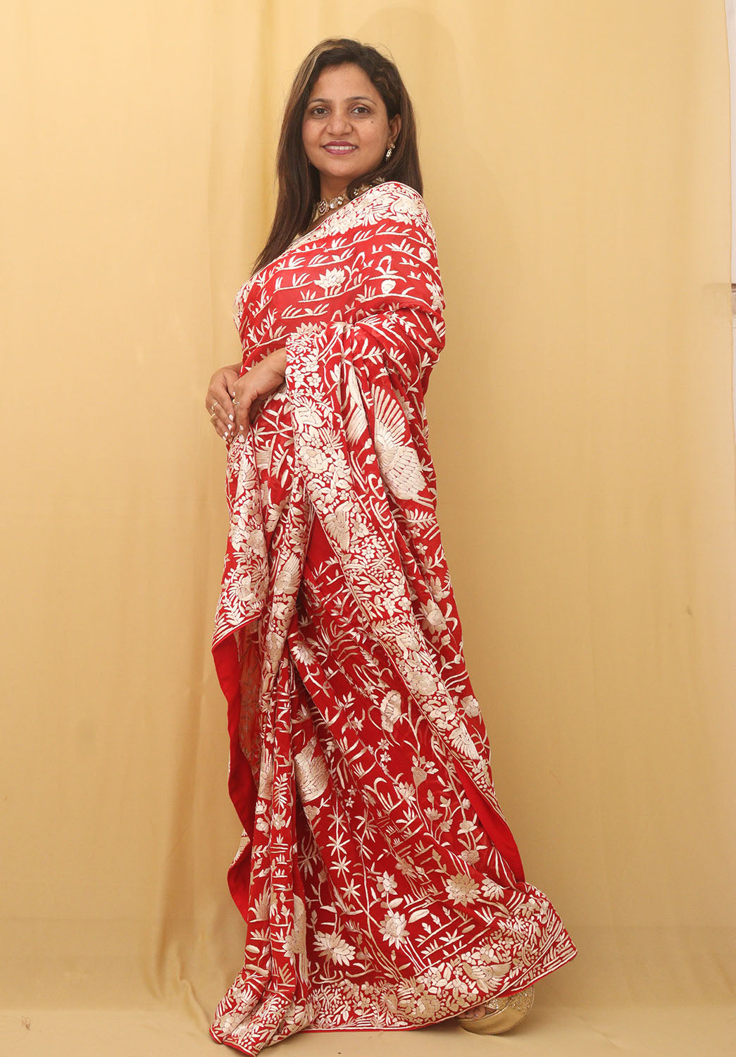 Red Hand Embroidered Parsi Gara Pure Georgette Bird Design Saree - Luxurion World