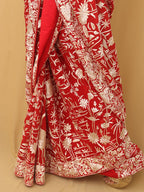Red Hand Embroidered Parsi Gara Pure Georgette Bird Design Saree - Luxurion World