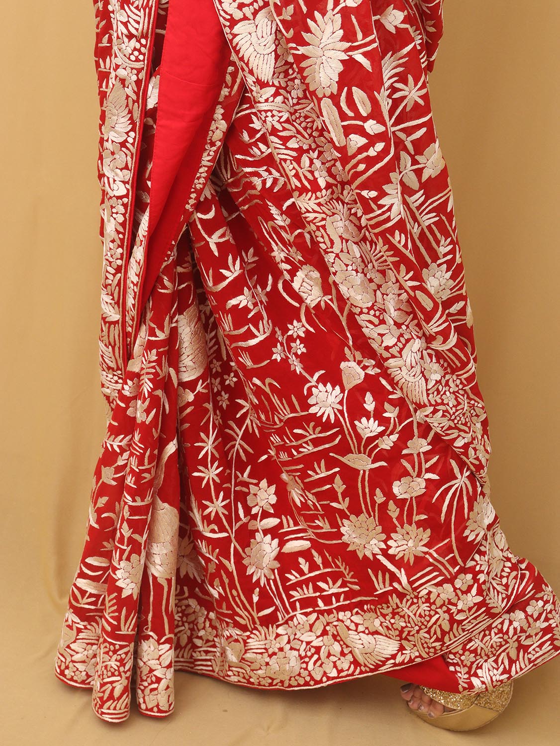 Red Hand Embroidered Parsi Gara Pure Georgette Bird Design Saree - Luxurion World
