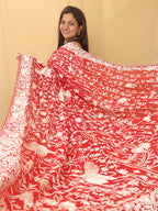 Red Hand Embroidered Parsi Gara Pure Georgette Bird Design Saree - Luxurion World