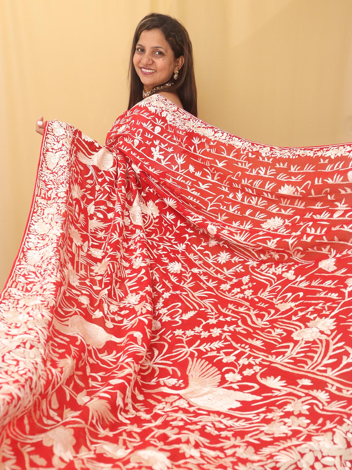 Red Hand Embroidered Parsi Gara Pure Georgette Bird Design Saree - Luxurion World