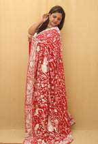 Red Hand Embroidered Parsi Gara Pure Georgette Bird Design Saree - Luxurion World