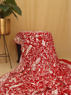 Red Hand Embroidered Parsi Gara Pure Georgette Bird Design Saree - Luxurion World