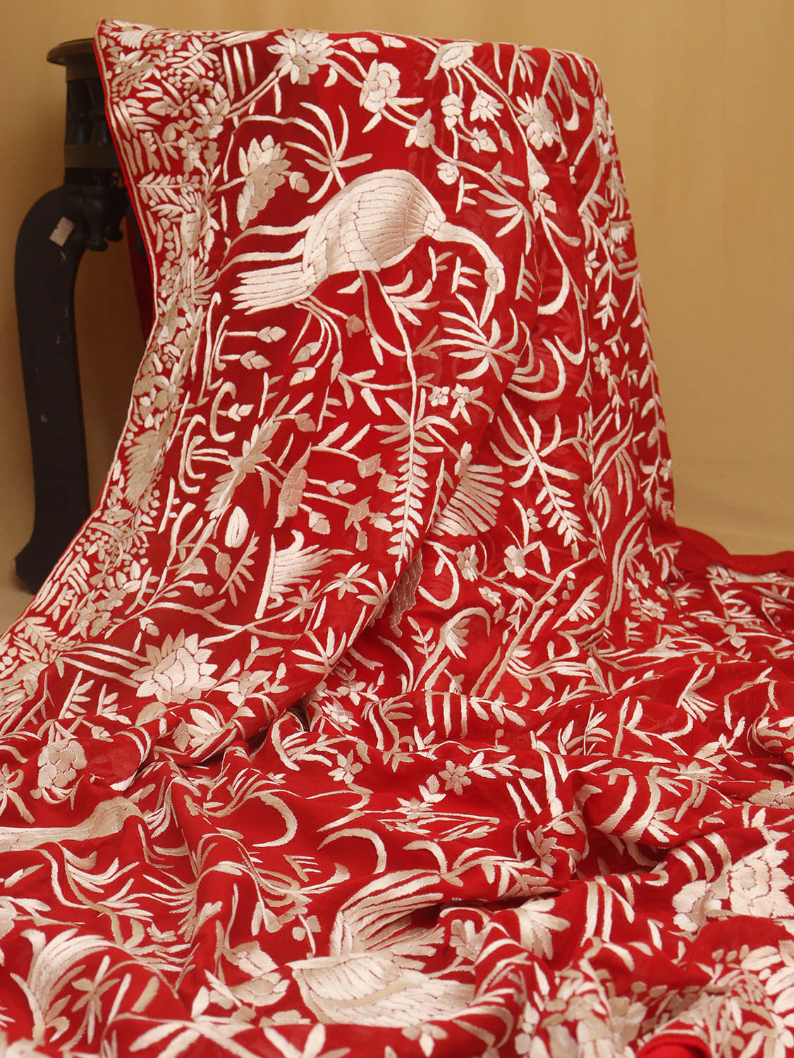 Red Hand Embroidered Parsi Gara Pure Georgette Bird Design Saree - Luxurion World
