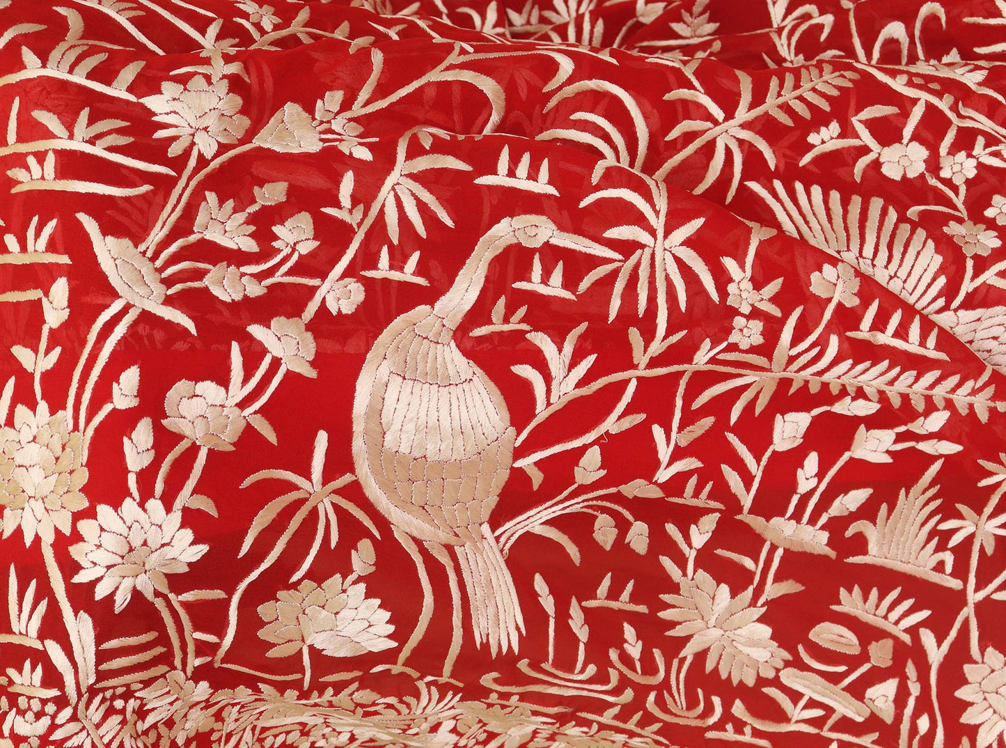 Red Hand Embroidered Parsi Gara Pure Georgette Bird Design Saree - Luxurion World