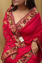 Beautiful Pink Hand Embroidered Parsi Gara Crepe Floral Design Saree - Luxurion World