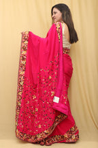 Beautiful Pink Hand Embroidered Parsi Gara Crepe Floral Design Saree - Luxurion World
