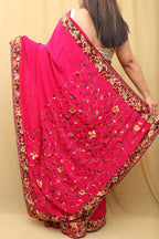 Beautiful Pink Hand Embroidered Parsi Gara Crepe Floral Design Saree - Luxurion World