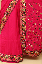 Beautiful Pink Hand Embroidered Parsi Gara Crepe Floral Design Saree - Luxurion World