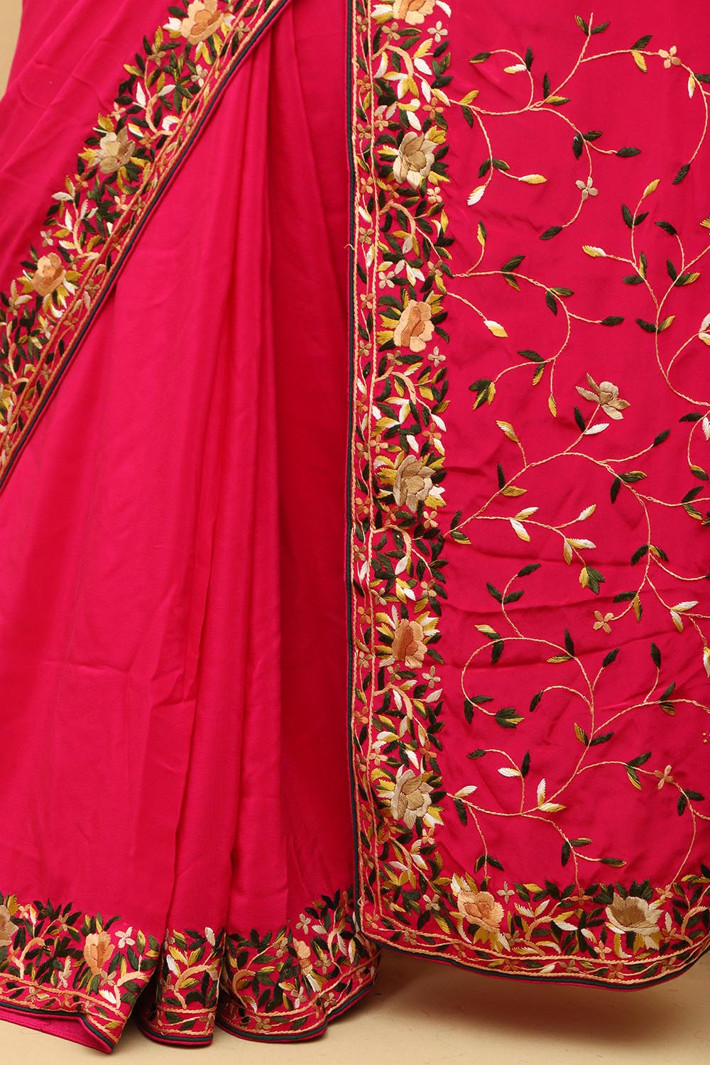 Beautiful Pink Hand Embroidered Parsi Gara Crepe Floral Design Saree - Luxurion World