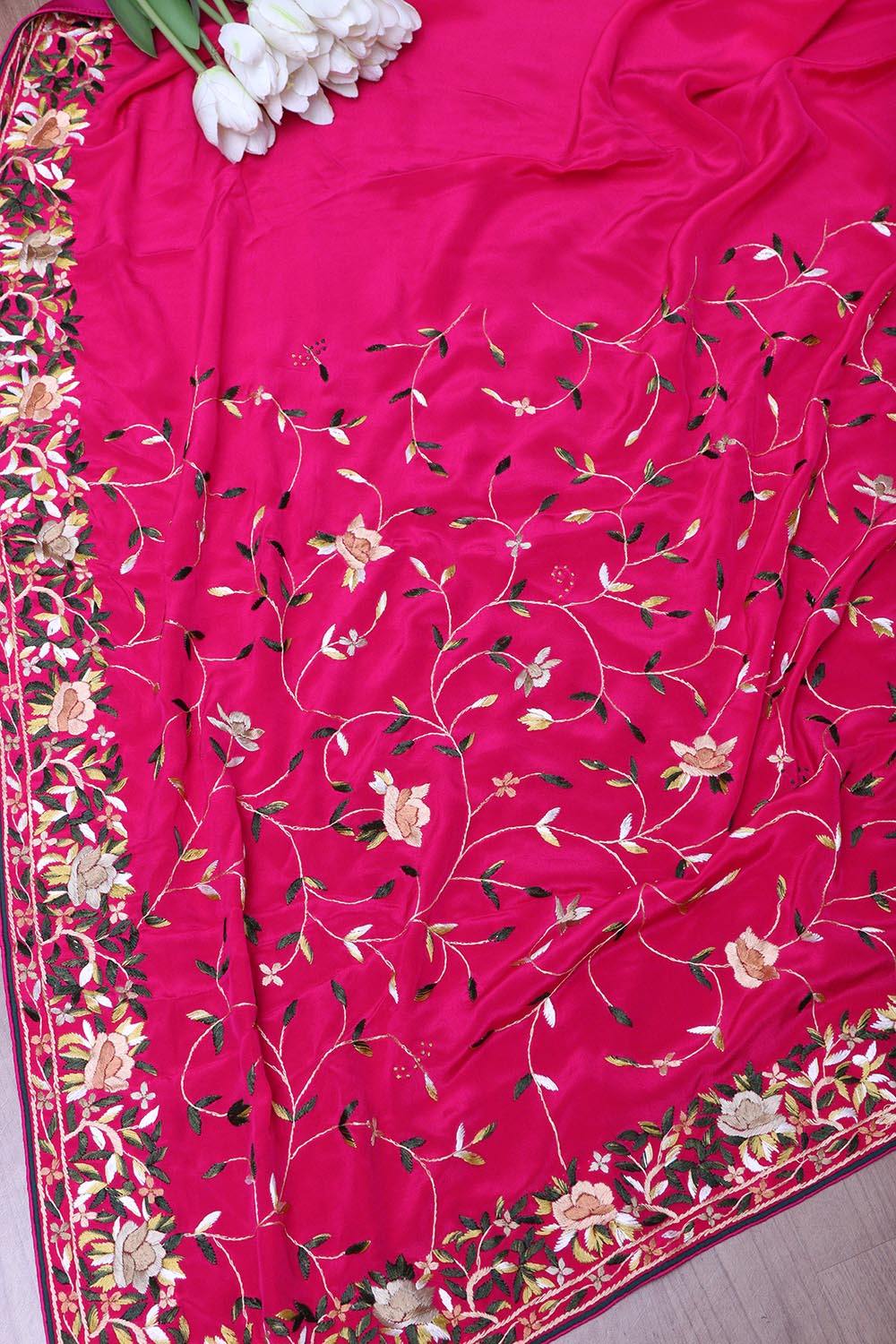Beautiful Pink Hand Embroidered Parsi Gara Crepe Floral Design Saree - Luxurion World
