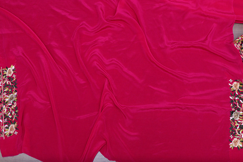 Beautiful Pink Hand Embroidered Parsi Gara Crepe Floral Design Saree - Luxurion World