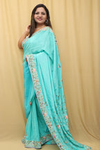 Green Hand Embroidered Parsi Gara Crepe Floral Design Saree - Luxurion World