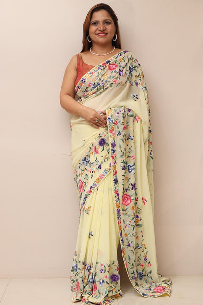Lemon Yellow Pure Georgette Parsi Hand Embroidered Flower Design Saree