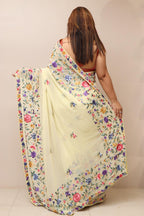 Lemon Yellow Pure Georgette Parsi Hand Embroidered Flower Design Saree - Luxurion World