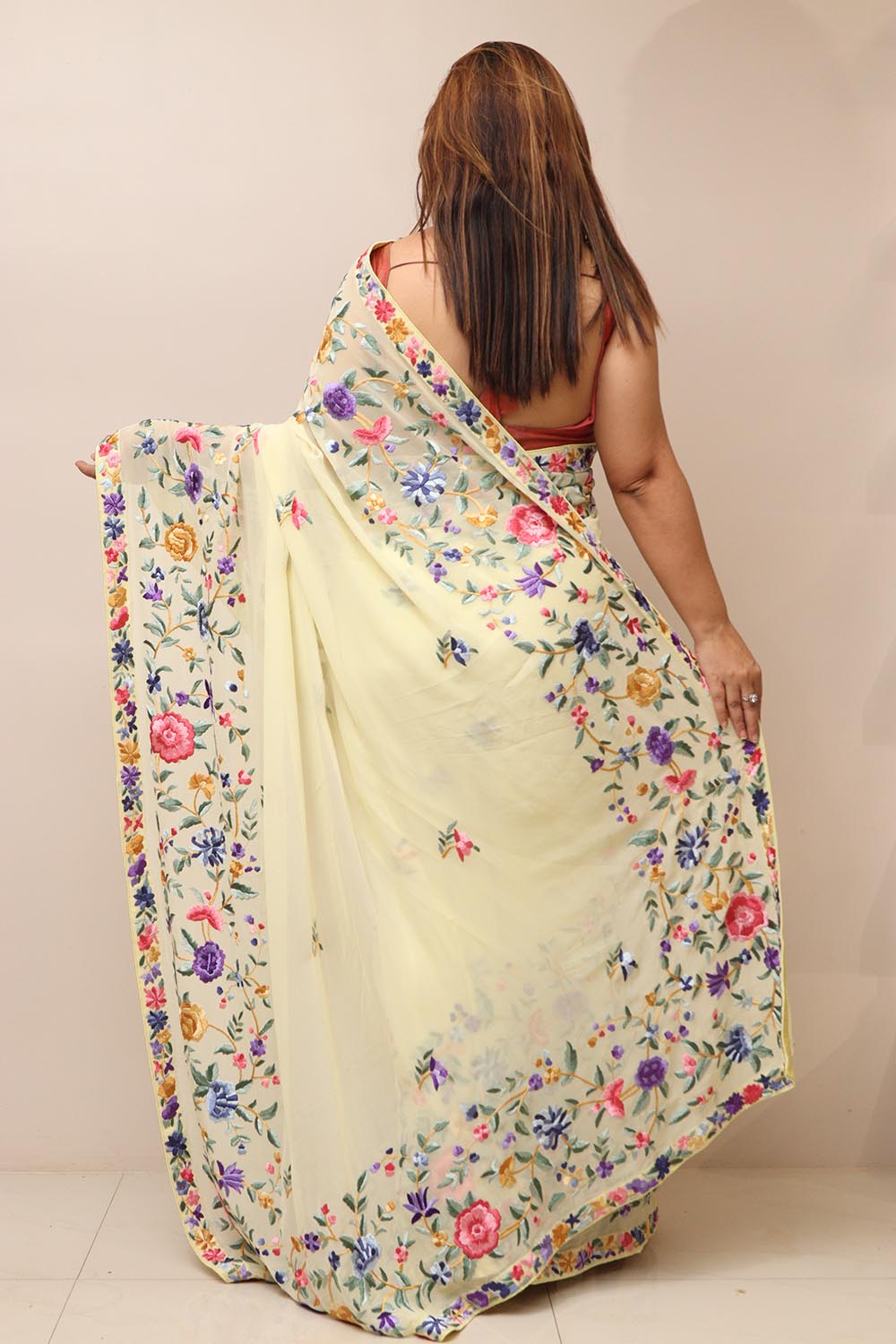Lemon Yellow Pure Georgette Parsi Hand Embroidered Flower Design Saree - Luxurion World