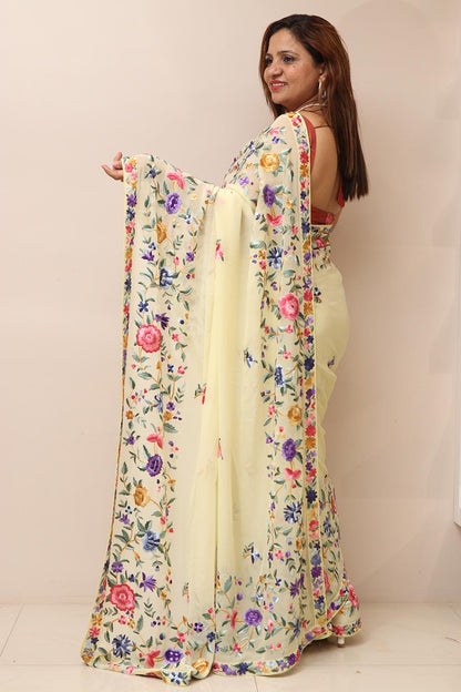 Lemon Yellow Pure Georgette Parsi Hand Embroidered Flower Design Saree