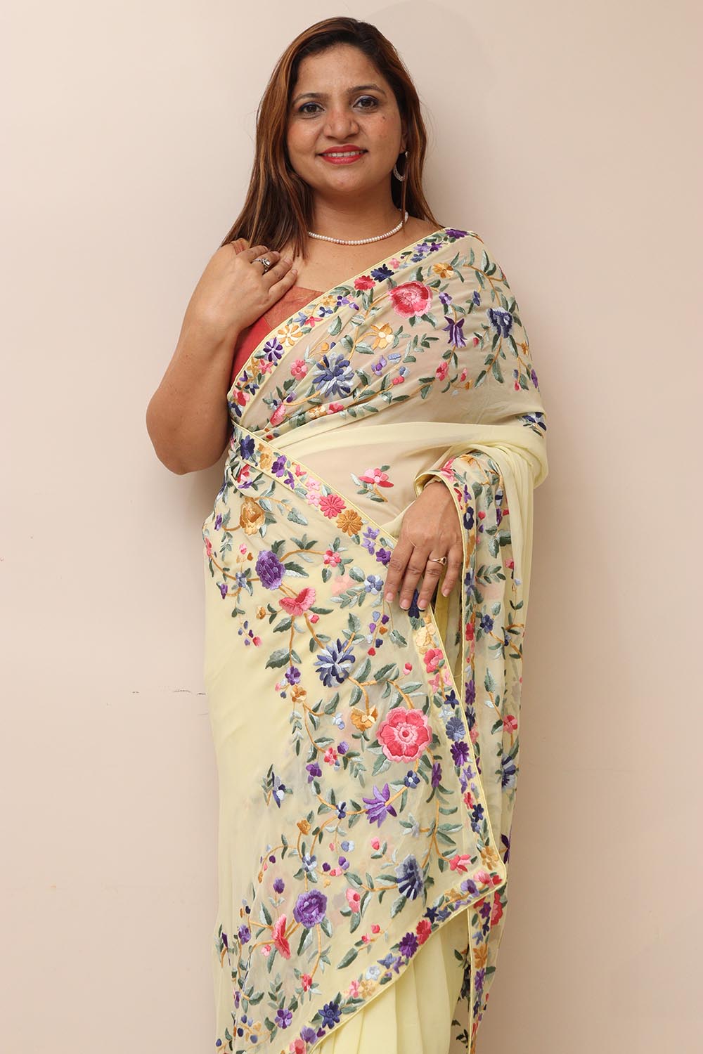 Lemon Yellow Pure Georgette Parsi Hand Embroidered Flower Design Saree - Luxurion World