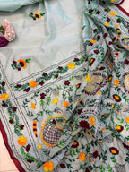 Blue Hand Embroidered Phulkari Chanderi Silk Saree - Luxurion World