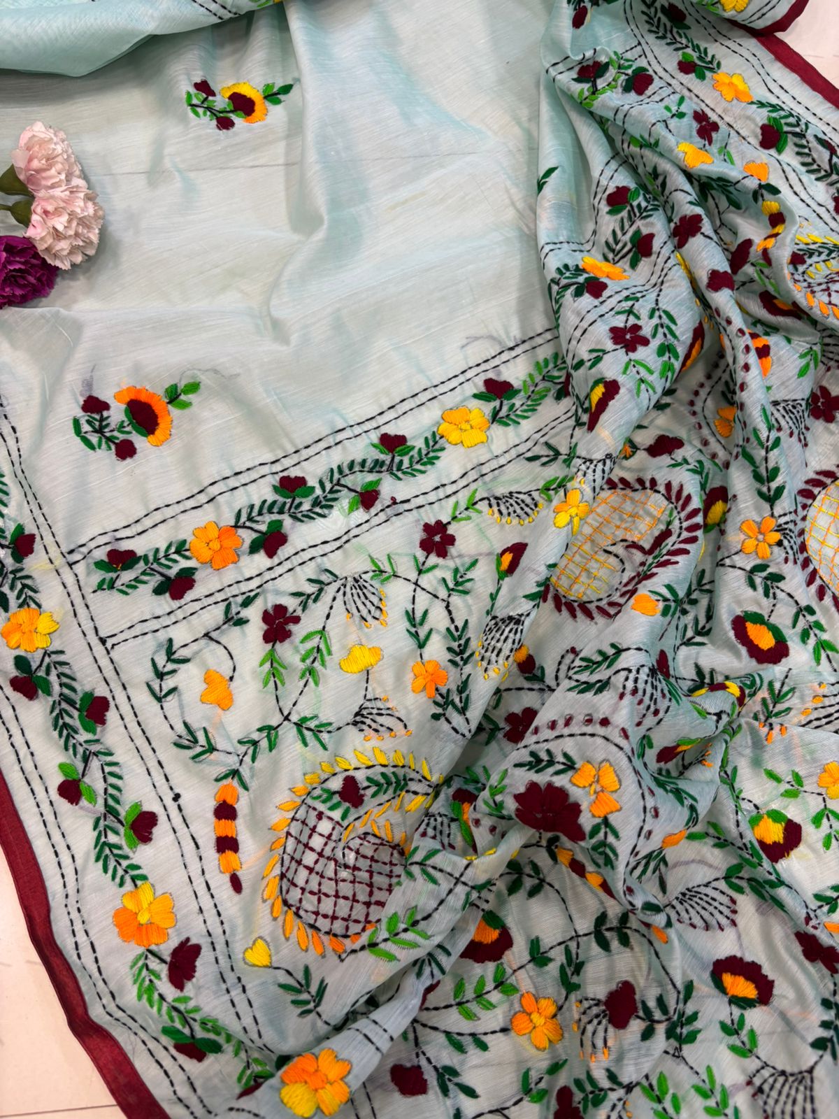 Blue Hand Embroidered Phulkari Chanderi Silk Saree - Luxurion World
