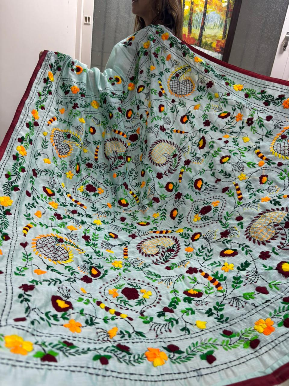 Blue Hand Embroidered Phulkari Chanderi Silk Saree - Luxurion World