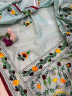 Blue Hand Embroidered Phulkari Chanderi Silk Saree - Luxurion World