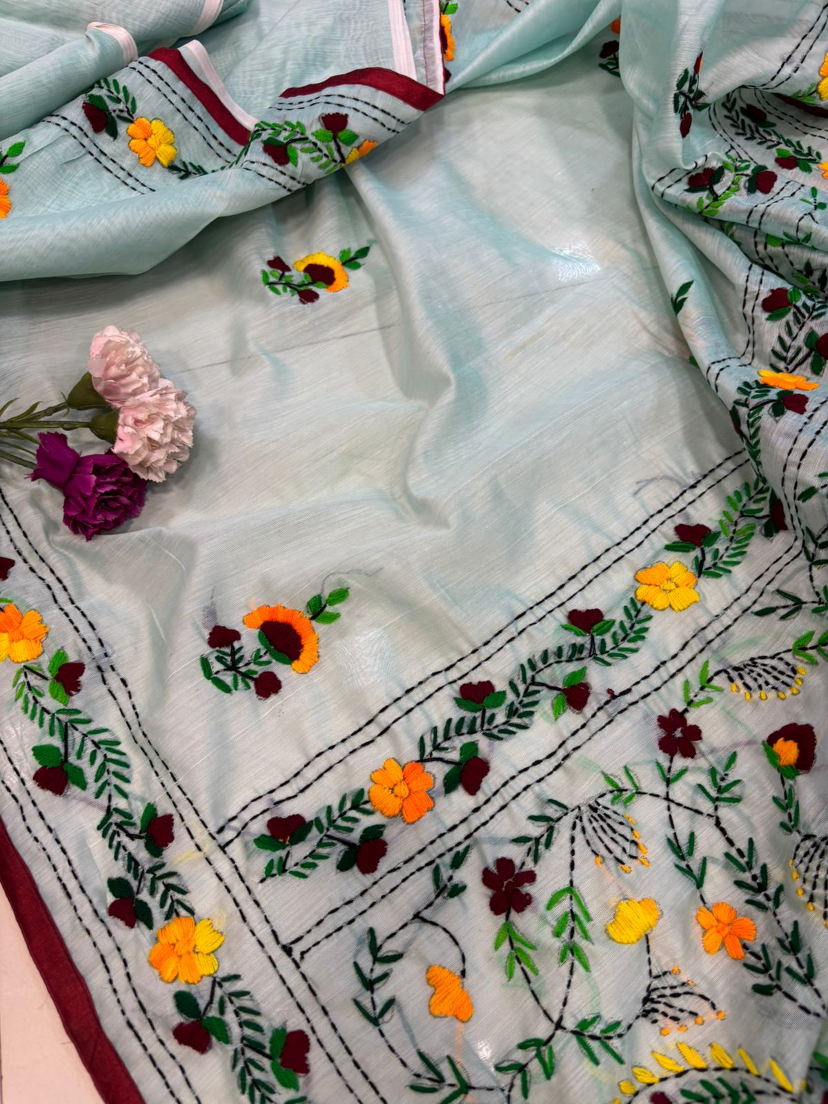 Blue Hand Embroidered Phulkari Chanderi Silk Saree - Luxurion World