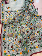 Blue Hand Embroidered Phulkari Chanderi Silk Saree - Luxurion World