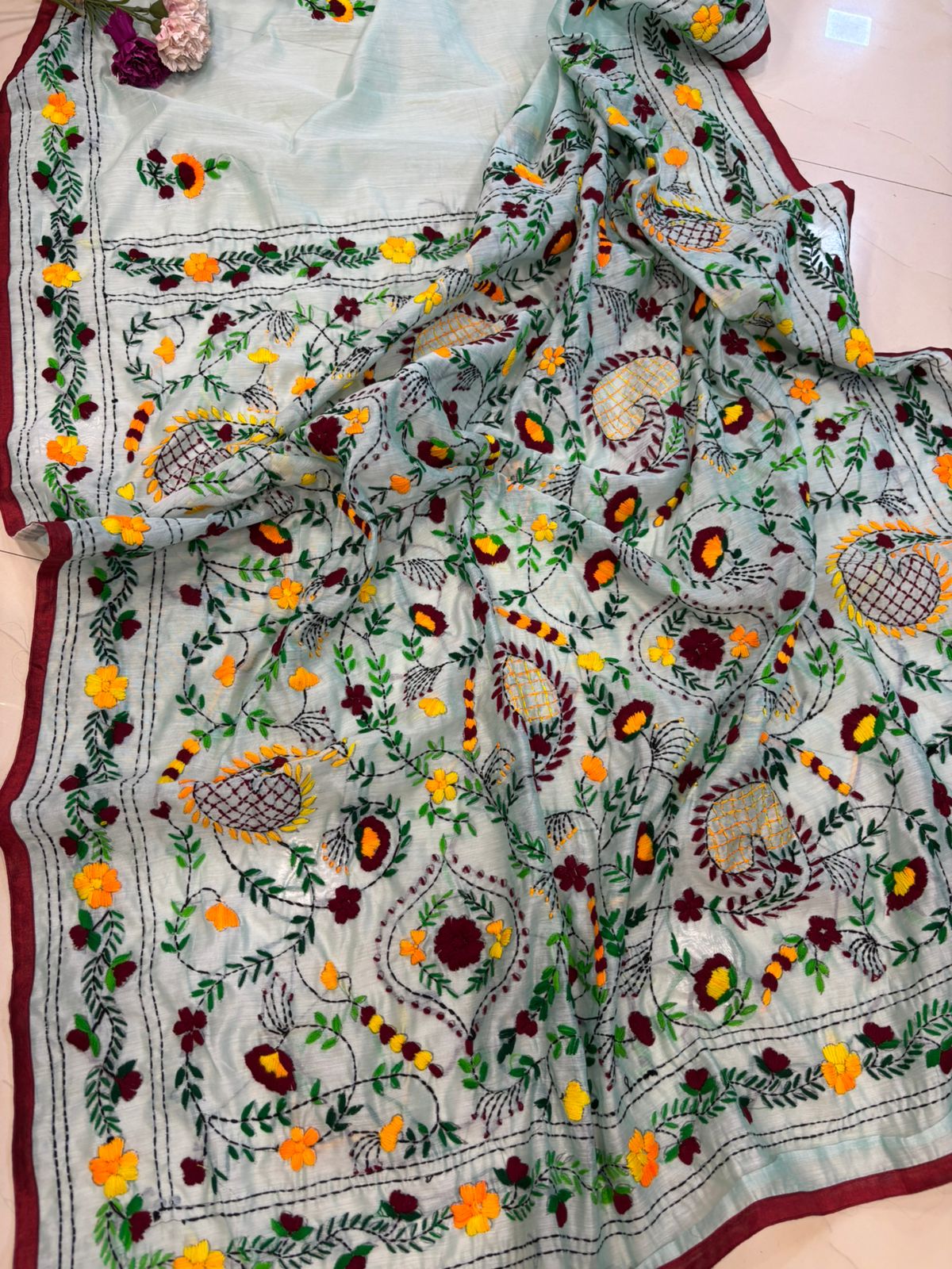 Blue Hand Embroidered Phulkari Chanderi Silk Saree - Luxurion World