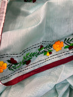 Blue Hand Embroidered Phulkari Chanderi Silk Saree - Luxurion World