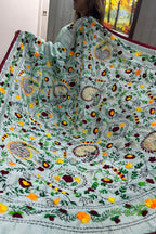 Blue Hand Embroidered Phulkari Chanderi Silk Saree - Luxurion World
