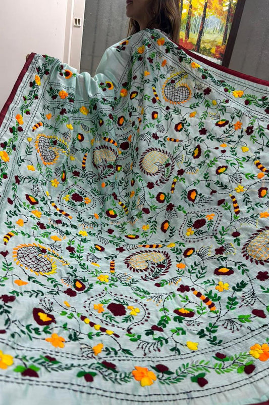 Blue Hand Embroidered Phulkari Chanderi Silk Saree - Luxurion World