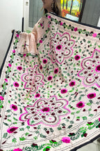 Peach Hand Embroidered Phulkari Chanderi Silk Saree - Luxurion World