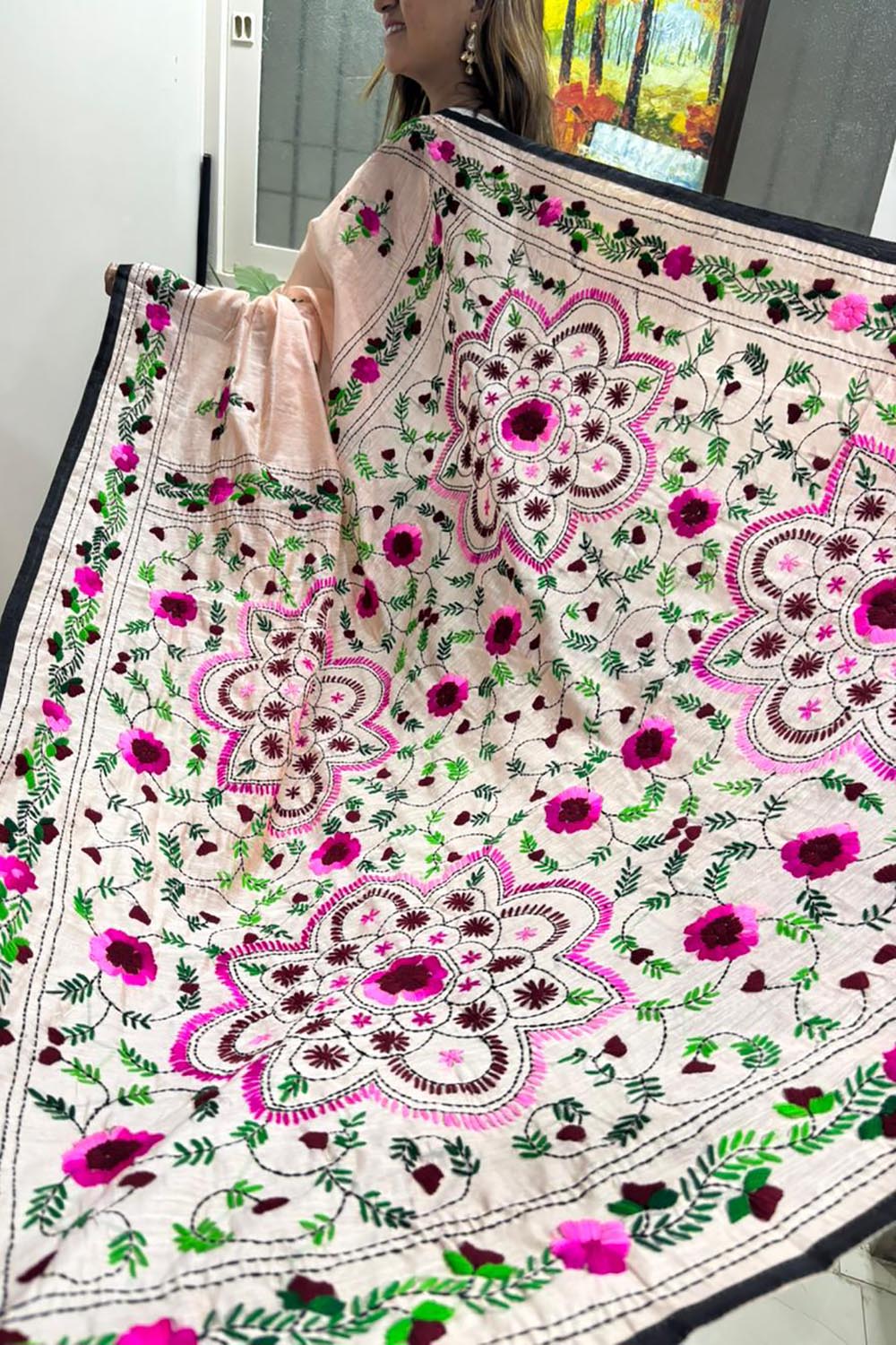 Peach Hand Embroidered Phulkari Chanderi Silk Saree - Luxurion World