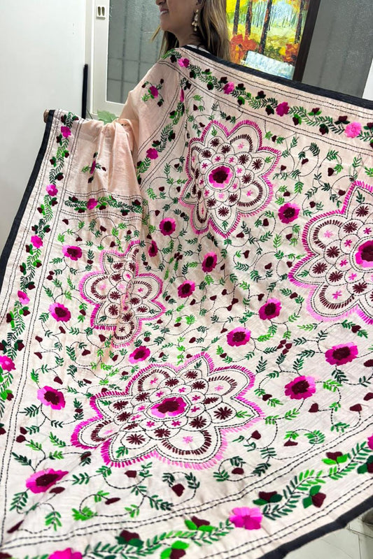 Peach Hand Embroidered Phulkari Chanderi Silk Saree - Luxurion World