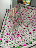 Peach Hand Embroidered Phulkari Chanderi Silk Saree - Luxurion World
